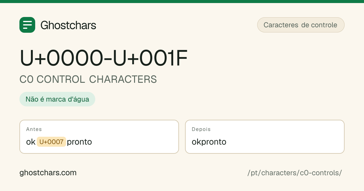 C0 CONTROL CHARACTERS (U+0000-U+001F) antes e depois da limpeza, com o caractere oculto mostrado como uma etiqueta