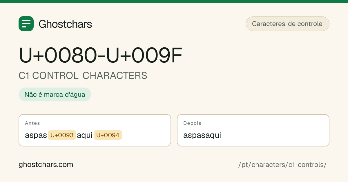 C1 CONTROL CHARACTERS (U+0080-U+009F) antes e depois da limpeza, com o caractere oculto mostrado como uma etiqueta