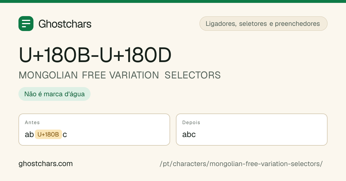 MONGOLIAN FREE VARIATION SELECTORS (U+180B-U+180D) antes e depois da limpeza, com o caractere oculto mostrado como uma etiqueta