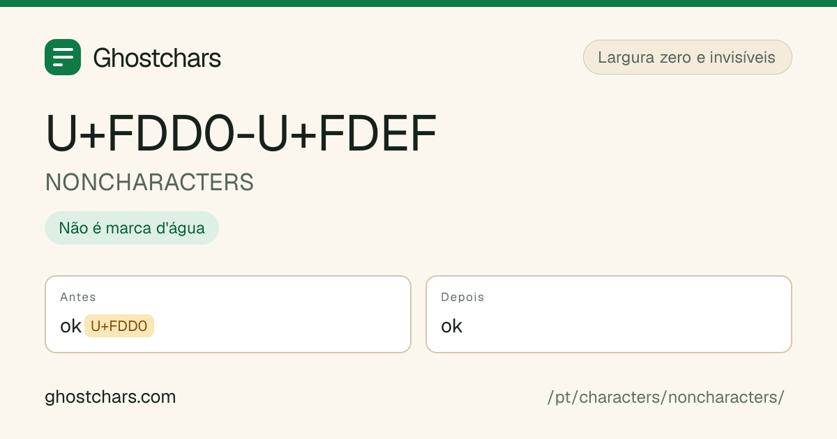 NONCHARACTERS (U+FDD0-U+FDEF) antes e depois da limpeza, com o caractere oculto mostrado como uma etiqueta