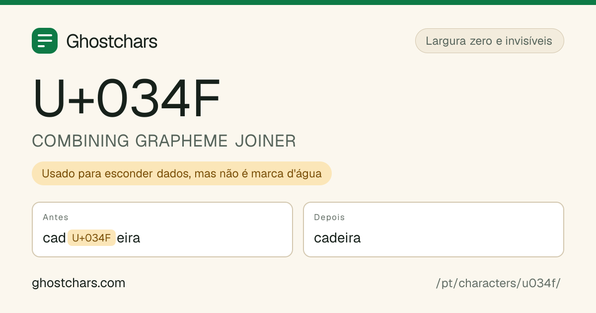 COMBINING GRAPHEME JOINER (U+034F) antes e depois da limpeza, com o caractere oculto mostrado como uma etiqueta
