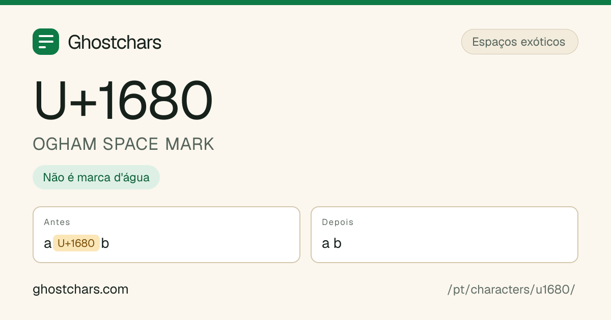 OGHAM SPACE MARK (U+1680) antes e depois da limpeza, com o caractere oculto mostrado como uma etiqueta