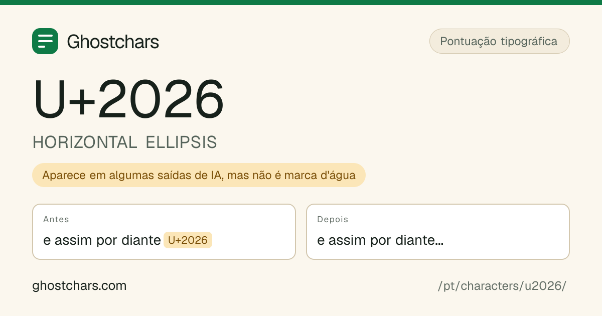 HORIZONTAL ELLIPSIS (U+2026) antes e depois da limpeza, com o caractere oculto mostrado como uma etiqueta