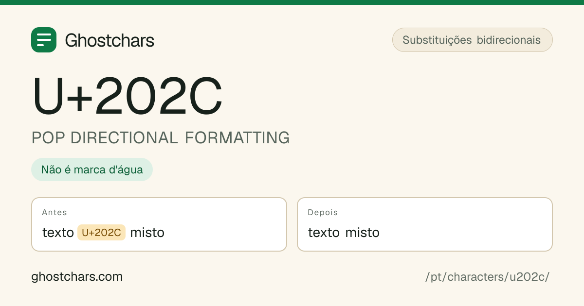 POP DIRECTIONAL FORMATTING (U+202C) antes e depois da limpeza, com o caractere oculto mostrado como uma etiqueta