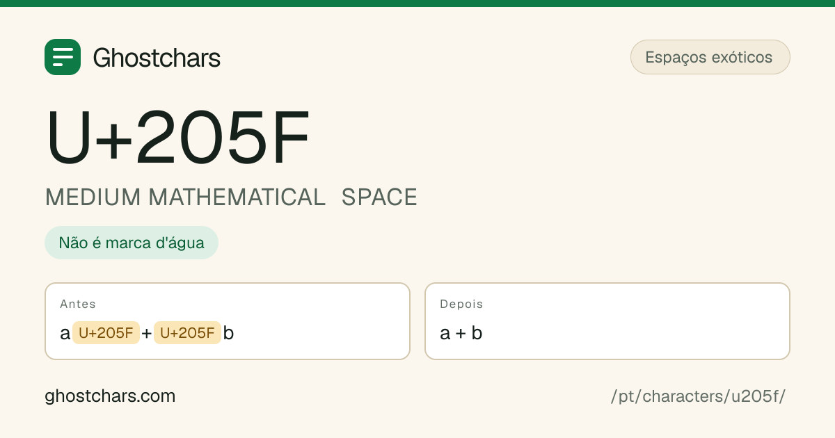 MEDIUM MATHEMATICAL SPACE (U+205F) antes e depois da limpeza, com o caractere oculto mostrado como uma etiqueta
