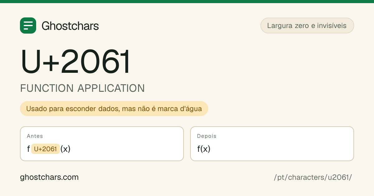 FUNCTION APPLICATION (U+2061) antes e depois da limpeza, com o caractere oculto mostrado como uma etiqueta