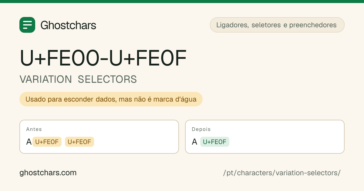 VARIATION SELECTORS (U+FE00-U+FE0F) antes e depois da limpeza, com o caractere oculto mostrado como uma etiqueta