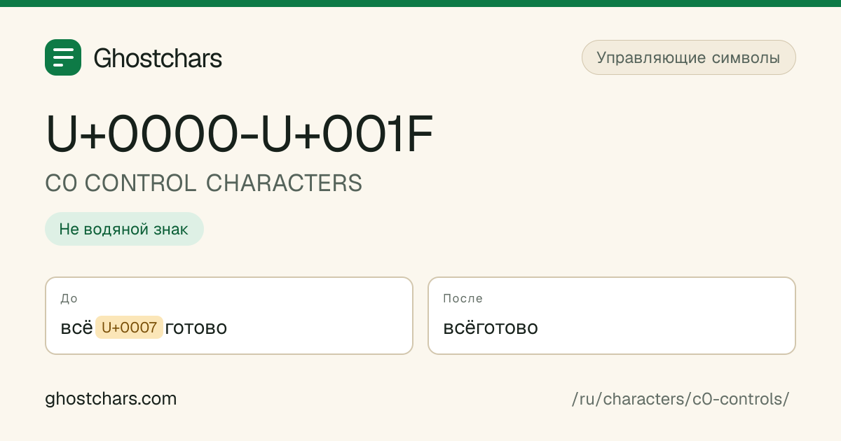 C0 CONTROL CHARACTERS (U+0000-U+001F) до и после очистки, скрытый символ показан подписанной плашкой