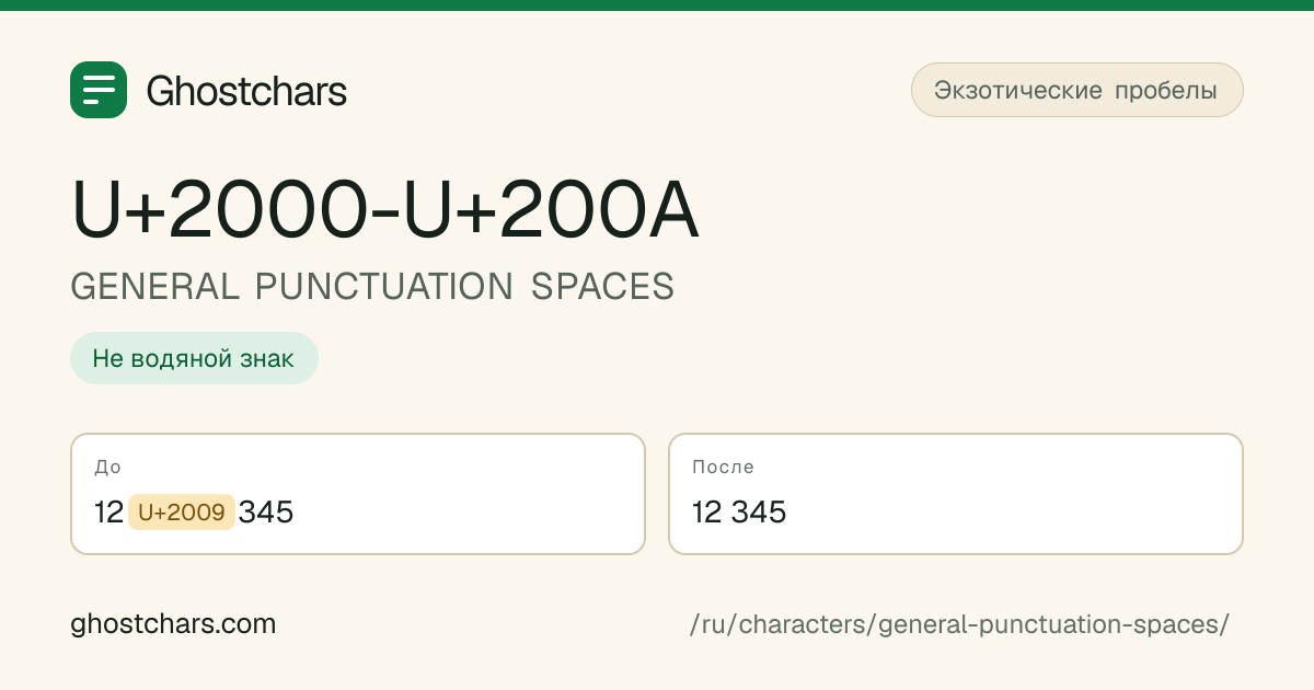 GENERAL PUNCTUATION SPACES (U+2000-U+200A) до и после очистки, скрытый символ показан подписанной плашкой