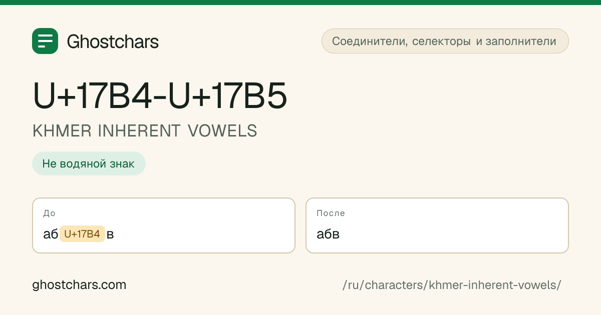 KHMER INHERENT VOWELS (U+17B4-U+17B5) до и после очистки, скрытый символ показан подписанной плашкой