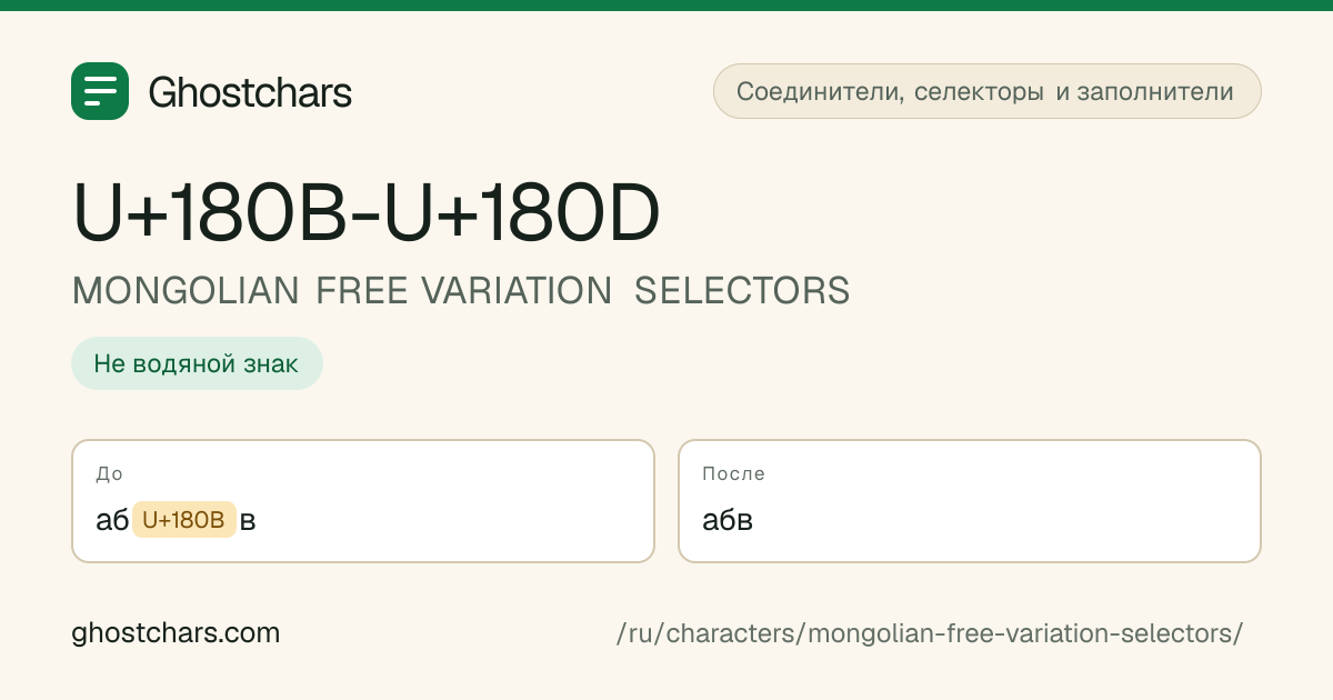 MONGOLIAN FREE VARIATION SELECTORS (U+180B-U+180D) до и после очистки, скрытый символ показан подписанной плашкой