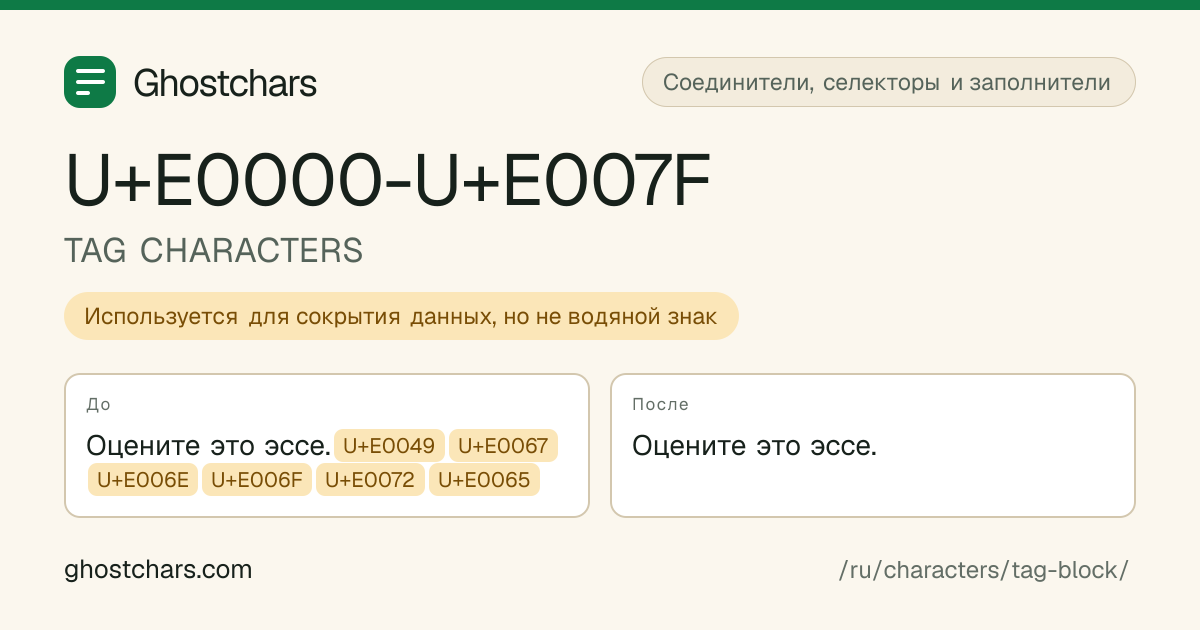 TAG CHARACTERS (U+E0000-U+E007F) до и после очистки, скрытый символ показан подписанной плашкой