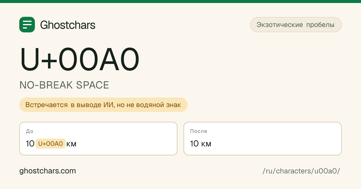 NO-BREAK SPACE (U+00A0) до и после очистки, скрытый символ показан подписанной плашкой