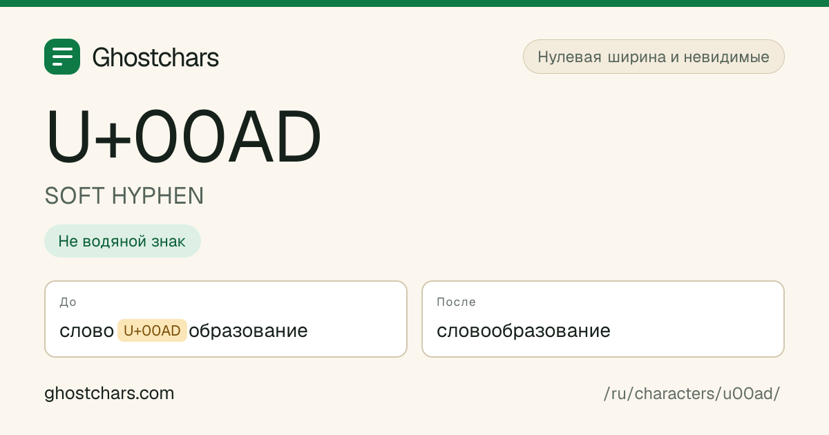 SOFT HYPHEN (U+00AD) до и после очистки, скрытый символ показан подписанной плашкой