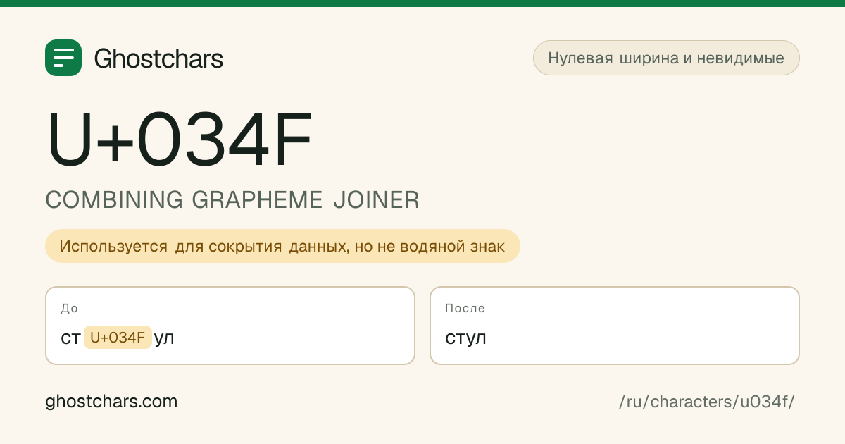 COMBINING GRAPHEME JOINER (U+034F) до и после очистки, скрытый символ показан подписанной плашкой