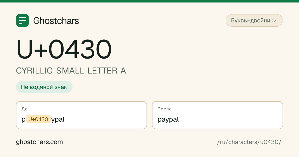 CYRILLIC SMALL LETTER A (U+0430) до и после очистки, скрытый символ показан подписанной плашкой