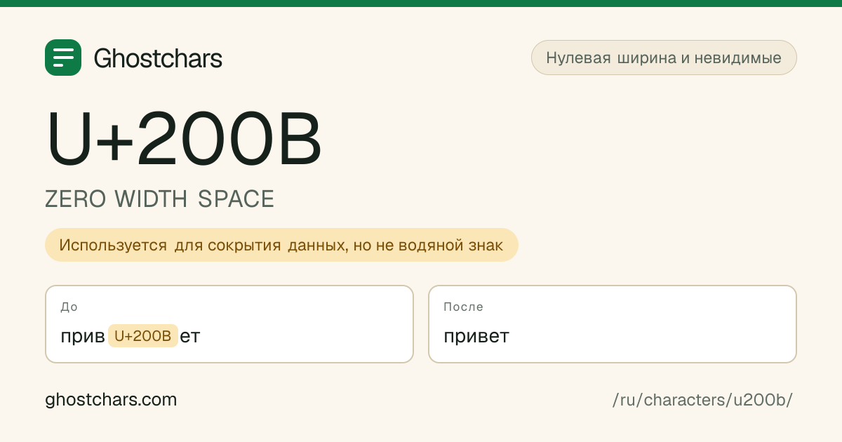 ZERO WIDTH SPACE (U+200B) до и после очистки, скрытый символ показан подписанной плашкой
