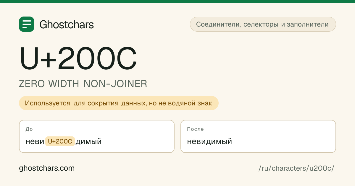 ZERO WIDTH NON-JOINER (U+200C) до и после очистки, скрытый символ показан подписанной плашкой