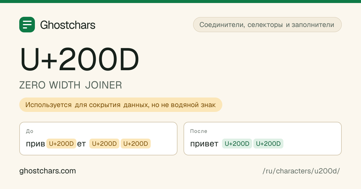 ZERO WIDTH JOINER (U+200D) до и после очистки, скрытый символ показан подписанной плашкой