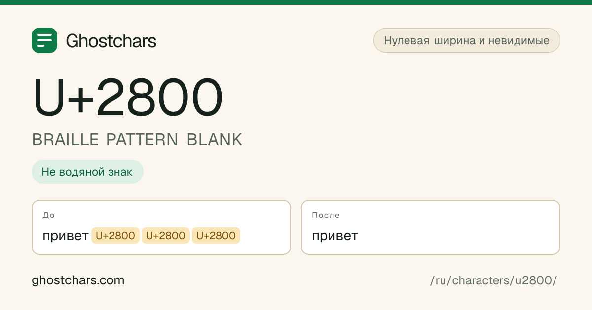BRAILLE PATTERN BLANK (U+2800) до и после очистки, скрытый символ показан подписанной плашкой