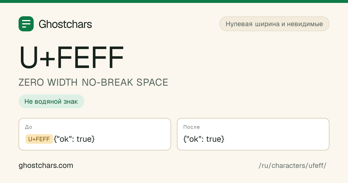 ZERO WIDTH NO-BREAK SPACE (U+FEFF) до и после очистки, скрытый символ показан подписанной плашкой