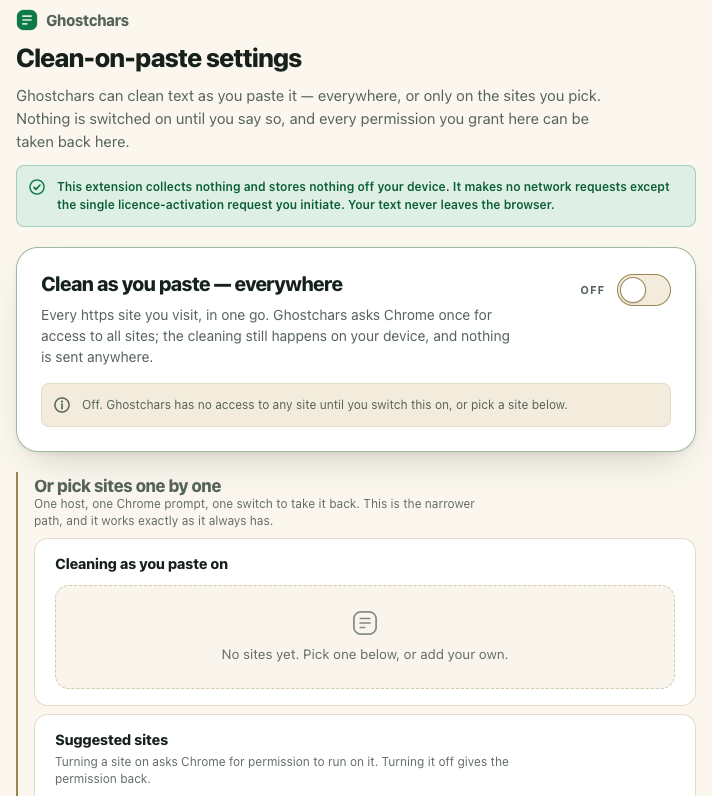La page de réglages de l'extension Ghostchars, avec le nettoyage au collage désactivé et aucun site autorisé pour l'instant.